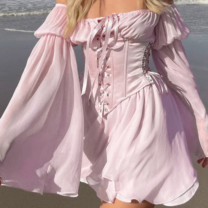 Chiffon Slash Neck Mini Dress Women Summer Beach Vacation Long Sleeve Corset Bandage Sundress Party Casual Dresses Pink