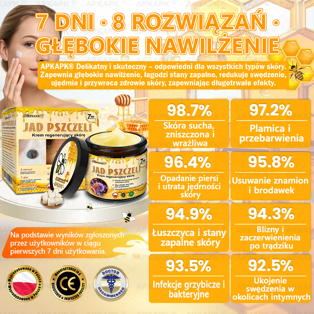 🐝ΑPΚΑPK® Jad Pszczoły Kompleksowy Krem✨pomaga w leczeniu problemów skórnych, takich jak: zmarszczki, blizny, plamy pigmentacyjne, rozstępy, trądzik, łuszczyca, egzema, zmiany skórne, podrażnienia, stany zapalne i inne problemy skórne🔥