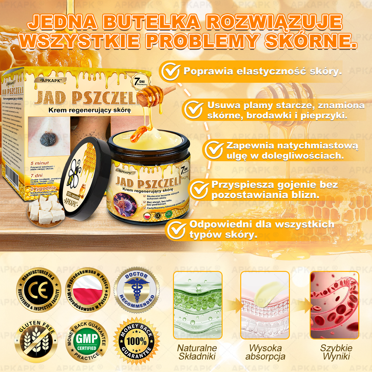 🐝ΑPΚΑPK® Jad Pszczoły Kompleksowy Krem✨pomaga w leczeniu problemów skórnych, takich jak: zmarszczki, blizny, plamy pigmentacyjne, rozstępy, trądzik, łuszczyca, egzema, zmiany skórne, podrażnienia, stany zapalne i inne problemy skórne🔥
